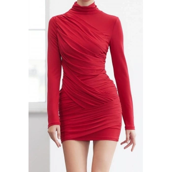 Moda Stil Slim Dik Yaka Mini Boy Limited Edition Fitted Vücuda Oturan Esnek Örme Elbise