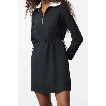 Moda Stil Regular Dik Yaka Mini Boy A Kesim Beli Ayarlanabilir Dokuma Elbise