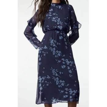 Moda Stil Regular Dik Yaka Midi Boy Çiçekli A Kesim Dokuma Kışlık Elbise