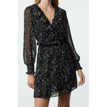 Moda Stil Regular Kruvaze Mini Boy A Kesim Geometrik Desenli Fırfırlı Şifon Dokuma Elbise