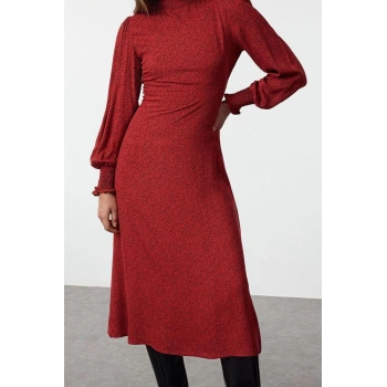 Moda Stil Regular Dik Yaka Midi Boy Belden Açılan Puantiyeli Dokuma Elbise