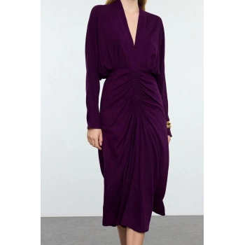 Moda Stil Fitted V Yaka Midi Boy Yaka Açıklığı Ayarlanabilir Eteği Büzgülü Dokuma Elbise