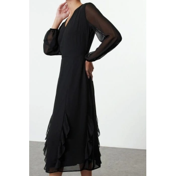 Moda Stil Regular V Yaka Midi Boy Fırfırlı Şifon Dokuma Elbise