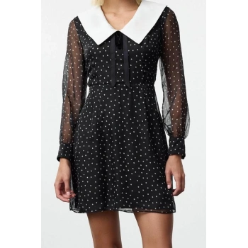 Moda Stil Regular V Yaka Mini Boy Yaka Detaylı Fiyonklu Şifon Dokuma Elbise