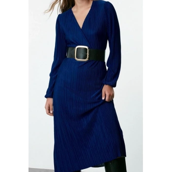 Moda Stil Regular Kruvaze Midi Boy Pilise Astarlı Anvelop Esnek Örme Elbise