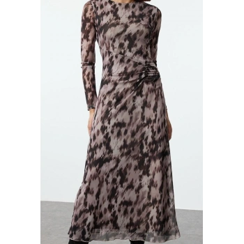 Moda Stil Regular Bisiklet Yaka Maxi Boy Baskılı Büzgü Drape Örme Elbise