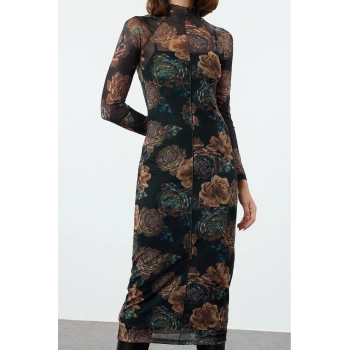 Moda Stil Slim Dik Yaka Maxi Boy Çiçekli Nervürlü Tül Detaylı Fitted Vücuda Oturan Örme Elbise