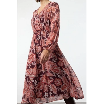 Moda Stil Relaxed Kruvaze Midi Boy Çiçekli Yaka A Kesim Şifon Astarlı Dokuma Elbise