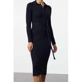 Moda Stil Regular Polo Yaka Midi Boy Kuşaklı Triko Elbise