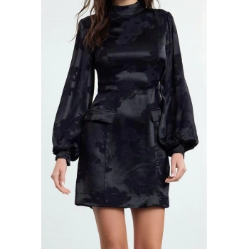 Moda Stil Regular Dik Yaka Mini Boy A Kesim Balon Kollu Jakar Saten Dokuma Elbise