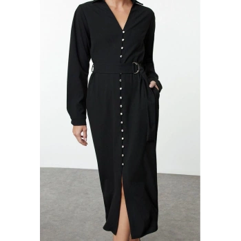 Moda Stil Regular Gömlek Yaka Maxi Boy Kuşaklı Düğme Detaylı Dokuma Elbise
