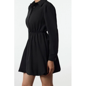 Moda Stil Regular Gömlek Yaka Mini Boy Balon Etek Dokuma Elbise