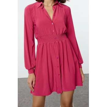 Moda Stil Slim Polo Yaka Mini Boy Beli Lastikli Örme Elbise