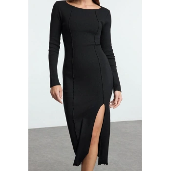 Moda Stil Slim Kayık Yaka Midi Boy Düz Yırtmaçlı Fitted Vücuda Oturan Yırtmaçlı Örme Elbise