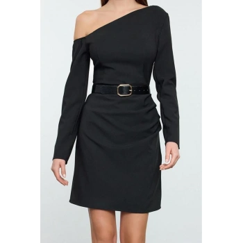 Moda Stil Regular Asimetrik Yaka Mini Boy Dokuma Elbise