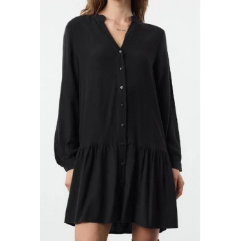 Moda Stil Regular Hakim Yaka Mini Boy Kalın Viskon Dokuma Gömlek Elbise