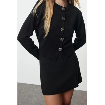 Stil Modern Kadın Crop Standart Kol Bisiklet Yaka Özel İplik Gül Düğme Ceket Görünümlü Triko Hırka