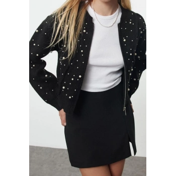 Stil Kadın Regular Standart Kol Bomber Yaka Yumuşak Fermuarlı Taşlı Ceket Görünümlü Triko Hırka