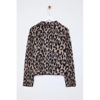 Stil Modern Kadın Regular Standart Kol Polo Yaka Leopar Desenli Triko Hırka