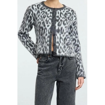 Stil Modern Kadın Regular Standart Kol Bisiklet Yaka Leopar Desenli Triko Hırka