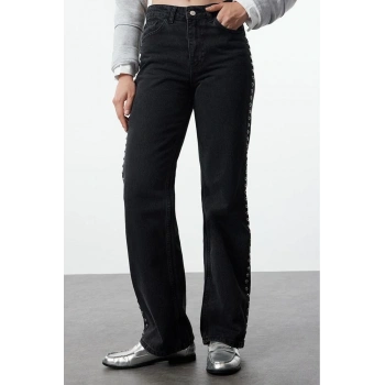 Stil Kadın Moda Denim Kot Pantolon Uzun Geniş Paça Trok Detaylı Yüksek Bel Jeans