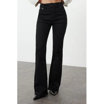 Stil Kadın Moda Denim Kot Pantolon Regular İspanyol Paça Bel Detaylı Yüksek Bel Jeans