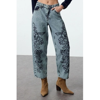 Stil Kadın Moda Denim Kot Pantolon Uzun Geniş Paça Mavi Nakışlı Yüksek Bel Balon Jeans