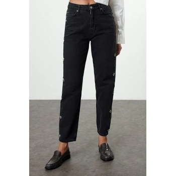 Stil Kadın Moda Denim Kot Pantolon Uzun Boru Paça Taşlı Yüksek Bel Mom Jeans