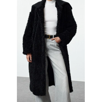 Tasarım Düz Astarlı Yaka Uzun Bol Ceket Kadın Siyah Oversize Peluş Kaban