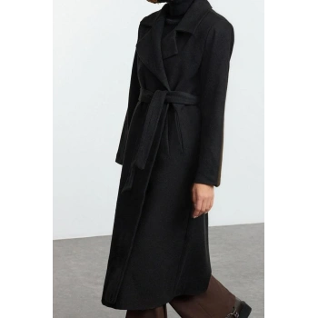 Tasarım Düz Astarlı Yaka Uzun Regular Ceket Kadın Kuşaklı Yünlü Uzun Pardösü Formlu Astarlı Kaban