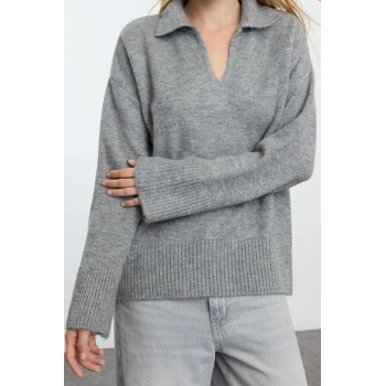 Stil Modern Kadın Regular Düşük Kol Polo Yaka Yünlü Geniş Kalıp Basic Triko Kazak