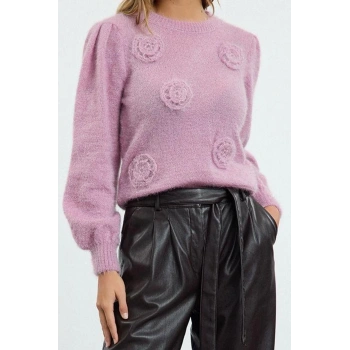 Stil Modern Kadın Regular Standart Kol Bisiklet Yaka Tüylü Çiçek İşlemeli Triko Kazak