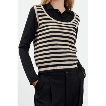 Stil Modern Kadın Regular Standart Kol Polo Yaka Çizgili Dokuma Garnilli Triko Kazak