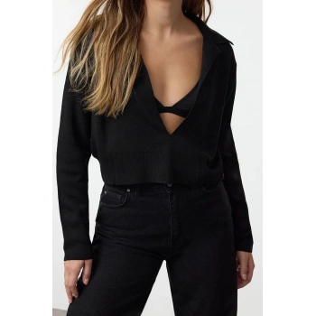 Stil Modern Kadın Crop Standart Kol Polo Yaka İnce Triko Kazak