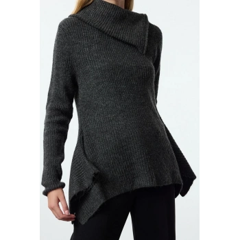 Stil Modern Kadın Regular Standart Kol Asimetrik Yaka Fermuarlı Triko Kazak