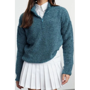 Stil Modern Kadın Regular Standart Kol Dik Yaka Buklet İplik Fermuarlı Triko Kazak