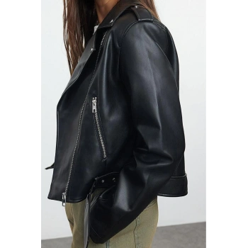 Tasarım Düz Astarlı Yaka Standart Regular Ceket Kadın Regular Suni Deri Biker Ceket Mont