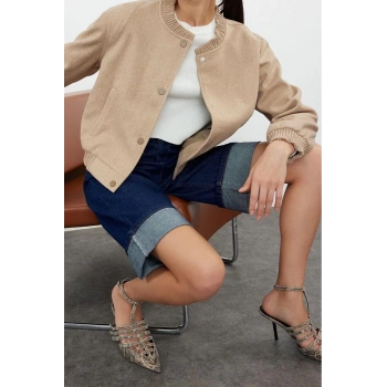 Tasarım Düz Astarlı Yaka Standart Regular Hakim Kadın Kaşe Bomber Ceket Mont