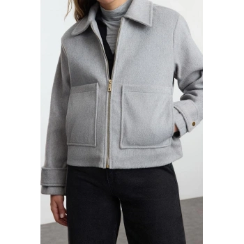 Tasarım Düz Astarlı Yaka Standart Oversize Gömlek Kadın Oversize Kaşe İnce Ceket Mont