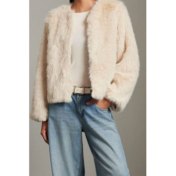 Tasarım Düz Astarlı Yaka Standart Bol Bisiklet Kadın Oversize Kürk Mont