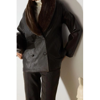 Tasarım Düz Astarlı Yaka Midi Oversize Şal Kadın Oversize Yakası Kürk Detaylı Suni Deri Mont