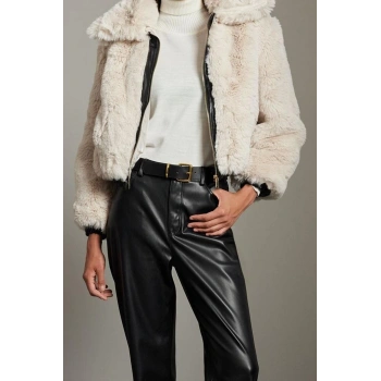Tasarım Düz Astarlı Yaka Standart Bol Gömlek Kadın Suni Deri Detaylı Kürk Bomber Mont