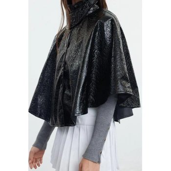 Tasarım Düz Astarlı Yaka Standart Bol Dik Kadın Oversize Parlak Pelerin Mont