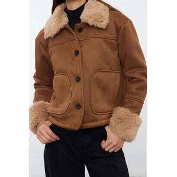 Tasarım Düz Astarlı Yaka Standart Regular Gömlek Kadın Regular Peluş Detaylı Süet Mont