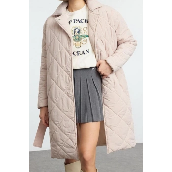 Tasarım Düz Astarlı Yaka Uzun Bol Ceket Kadın Oversize Kuşaklı Uzun Kapitone Şişme Mont