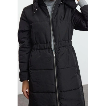 Tasarım Düz Astarlı Yaka Uzun Oversize Dik Kadın Oversize Kapüşonlu Beli Lastikli Uzun Mont