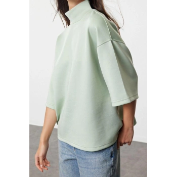 Tarz Oversize Dik Yaka Düşük Kol Uzun Geniş Kalıp Truvakar Kol Örme Sweatshirt