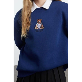 Tarz Relaxed Bisiklet Yaka Düşük Kol Regular Rahat Kalıp Nakışlı Kalın Örme Sweatshirt