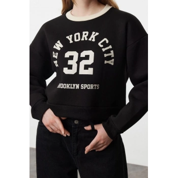 Oversize Bisiklet Yaka Düşük Kol Crop Slogan Geniş Kalıp Kalın İçi Polarlı Örme Sweatshirt