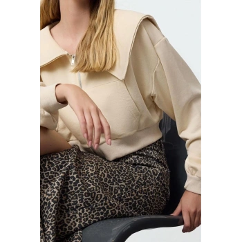 Tarz Crop Polo Yaka Düşük Kol Crop Normal Kalıp Fermuarlı Yaka Detaylı Örme Sweatshirt